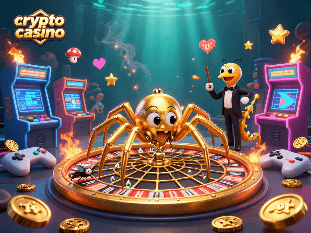 Jouez sur un crypto casino fascinant avec des éléments interactifs tels qu'une araignée dorée et une ambiance immersive.