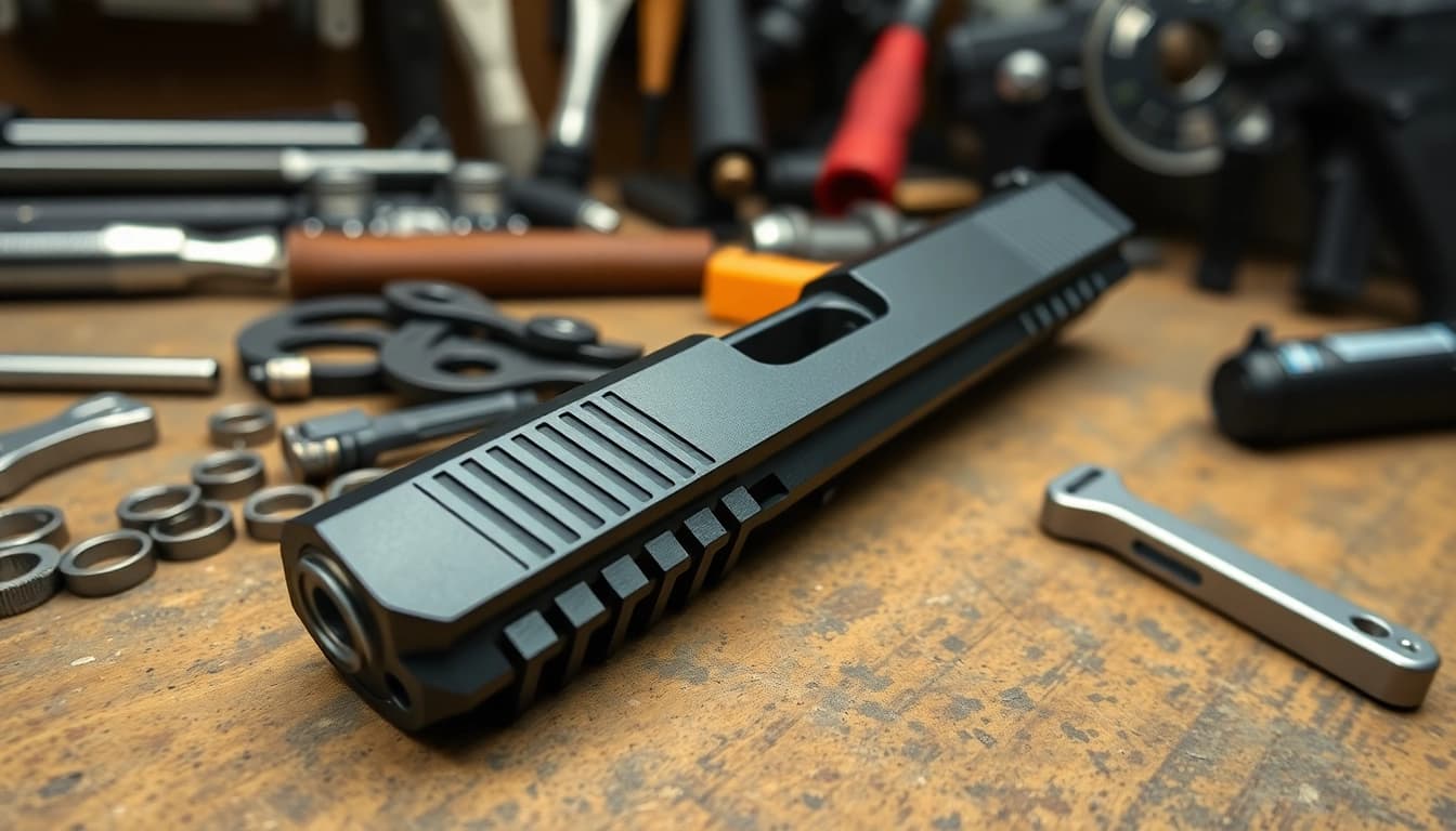 View a detailed Glock 26 slide OEM displaying its precision and craftsmanship in a workshop.
