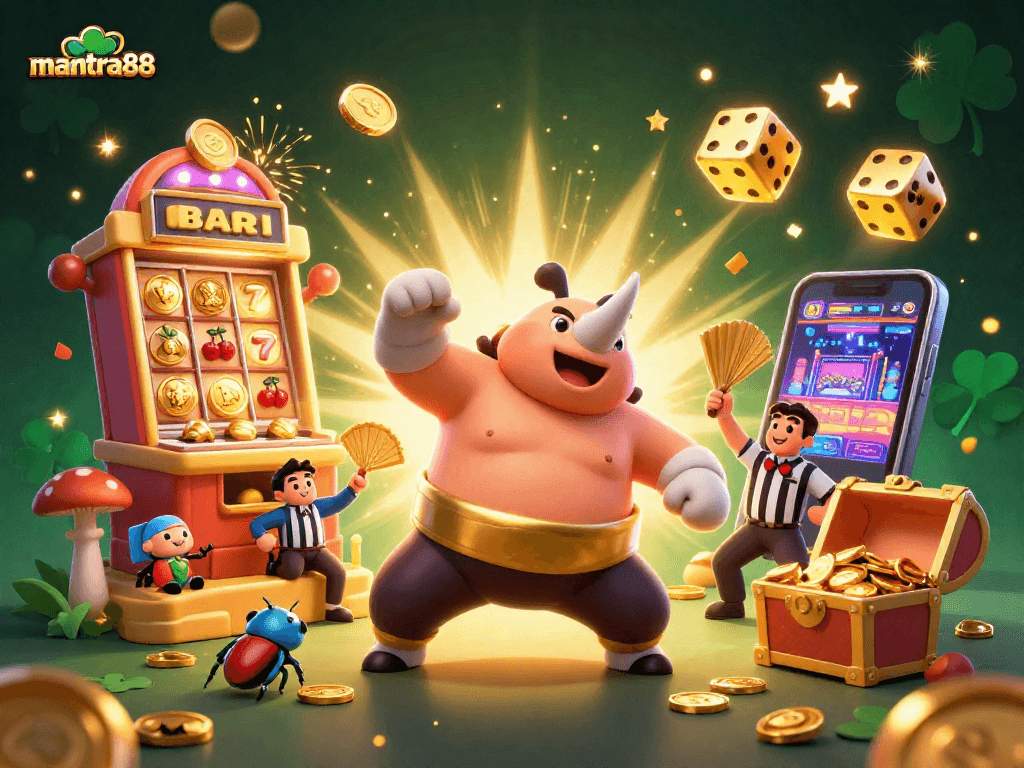Experience the excitement of mantra88 with a vibrant jackpot scene featuring a beetle champion.