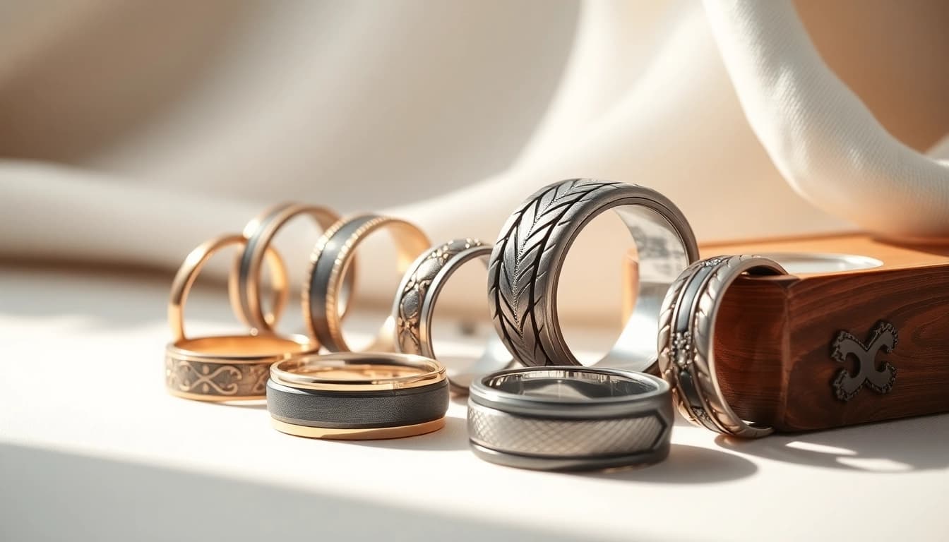 Showcasing Unique Wedding Bands for Men with intricate designs and luxurious textures in bright lighting.