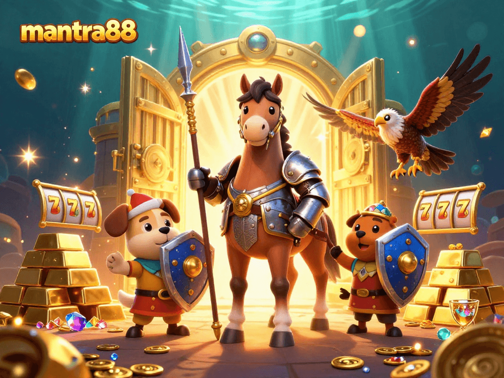 Engage with mantra88's thrilling casino games in this vibrant illustration featuring winners and treasures.