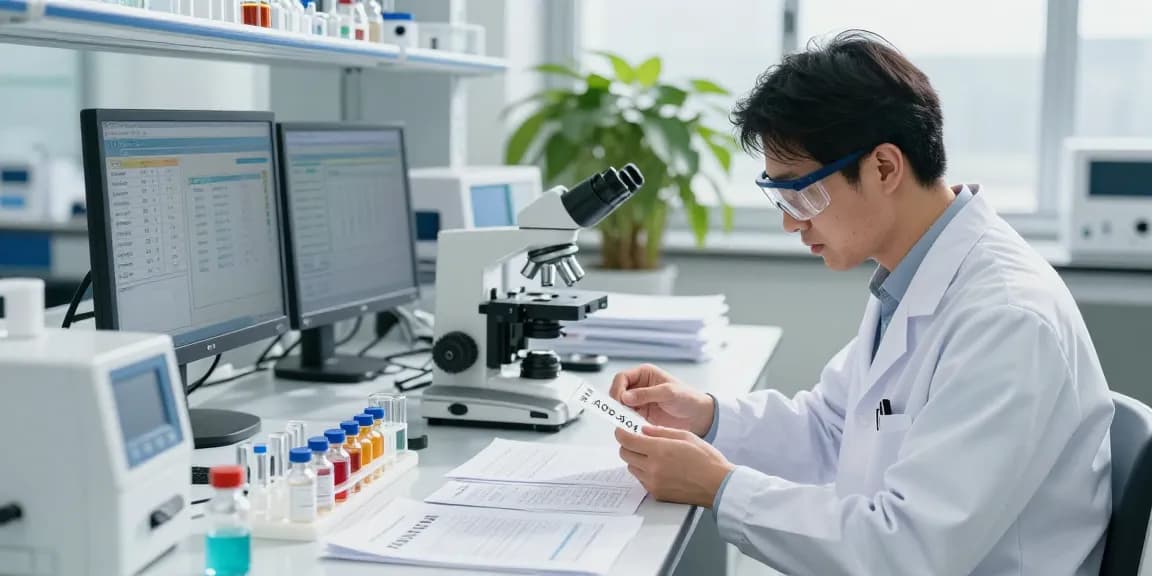 AOD-9604 supplier rankings analysis in a modern lab with a scientist studying samples.
