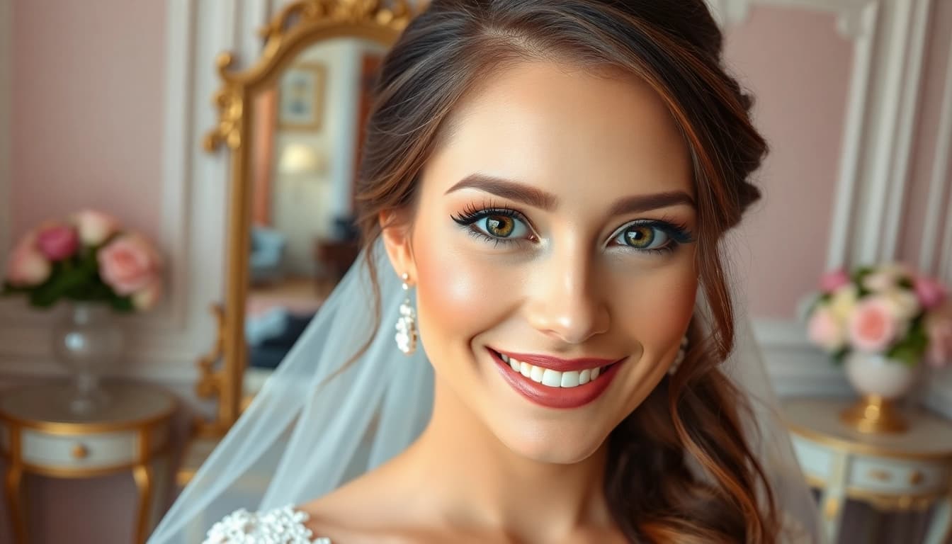 Bridal model with radiant Wedding airbrush makeup Dallas in a luxurious bridal suite.