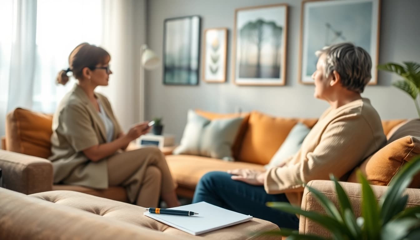 Therapist discussing ADHD Therapy with a client in a peaceful office setting.