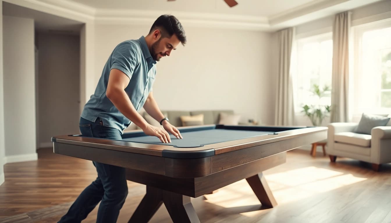Skilled pool table mover dfw carefully relocating a pool table in a bright living room.