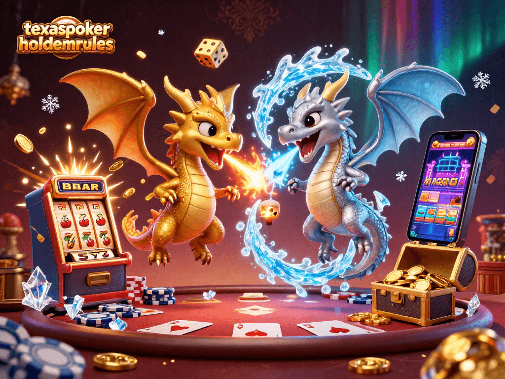 Engage in thrilling poker at texaspokerholdemrules with fiery and icy dragon duel illustration.