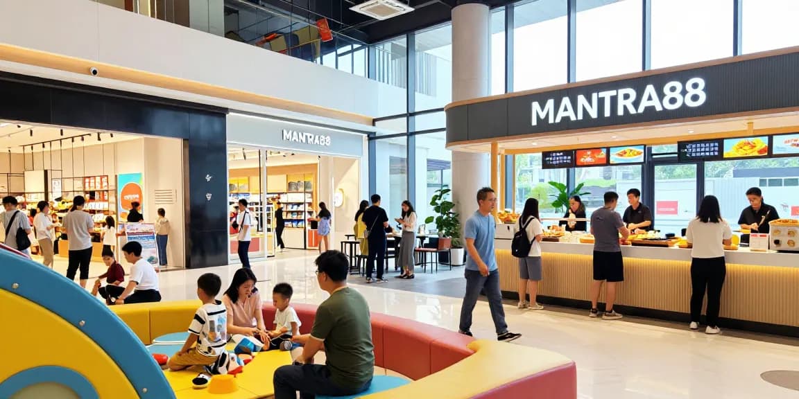 Vibrant MANTRA88 entertainment center scene featuring shopping and family fun