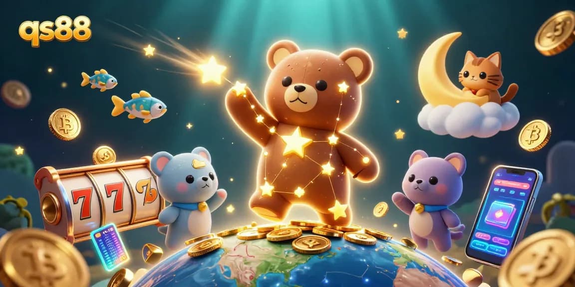 Scoop up coins in qs88's vibrant online gaming universe filled with golden stars and lottery reels.