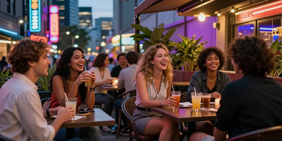 Friends enjoying drinks at a vibrant 오피사이트 in urban nightlife, featuring neon lights and stylish outfits.