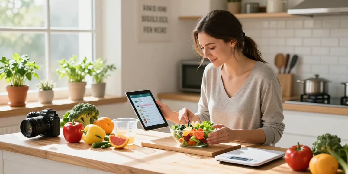 Nutritionist using the best food tracking app in a bright kitchen with fresh ingredients.