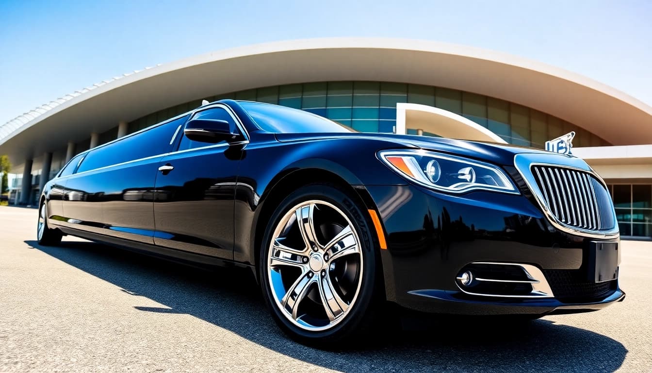 Luxury vancouver airport limo parked at a modern airport terminal, showcasing elegance and sophistication.