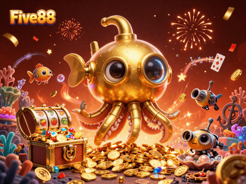 Experience thrilling action at Five88 with a vibrant 3D casino-themed illustration showcasing gold coins and slot reels.