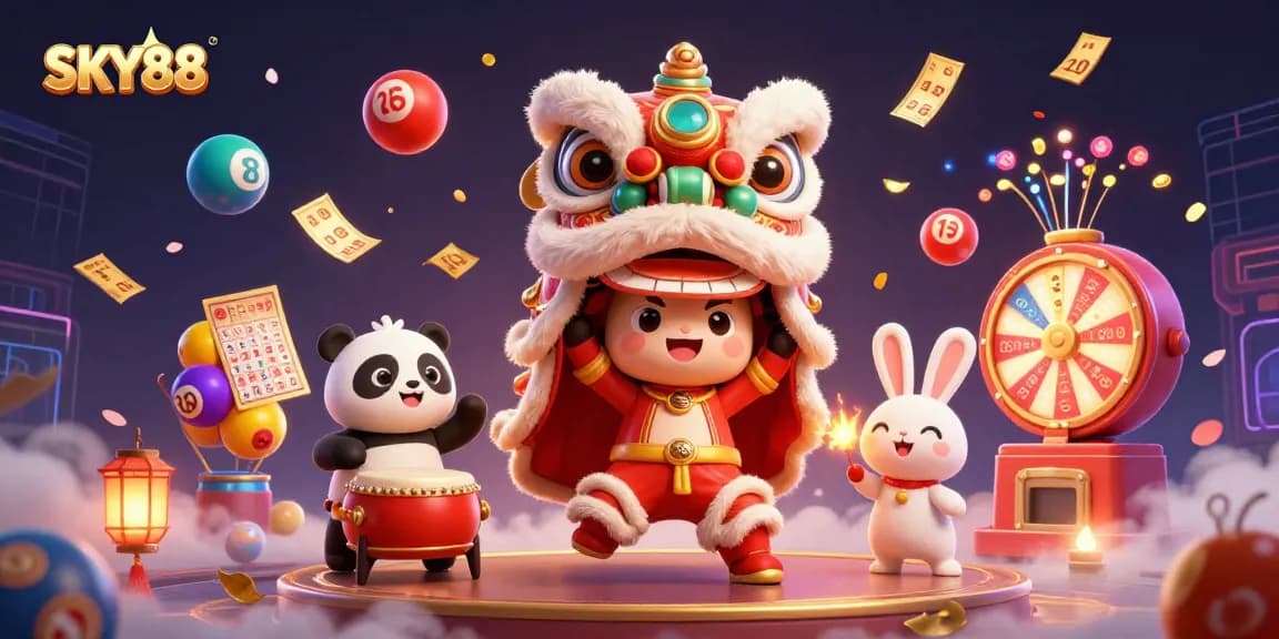 Experience the excitement of SKY88's dynamic lottery-themed scene featuring vibrant characters and lively game elements.