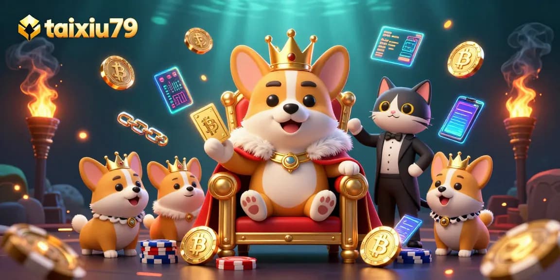 Experience the thrill of taixiu79 with royal corgis and crypto elements in a vibrant casino setting