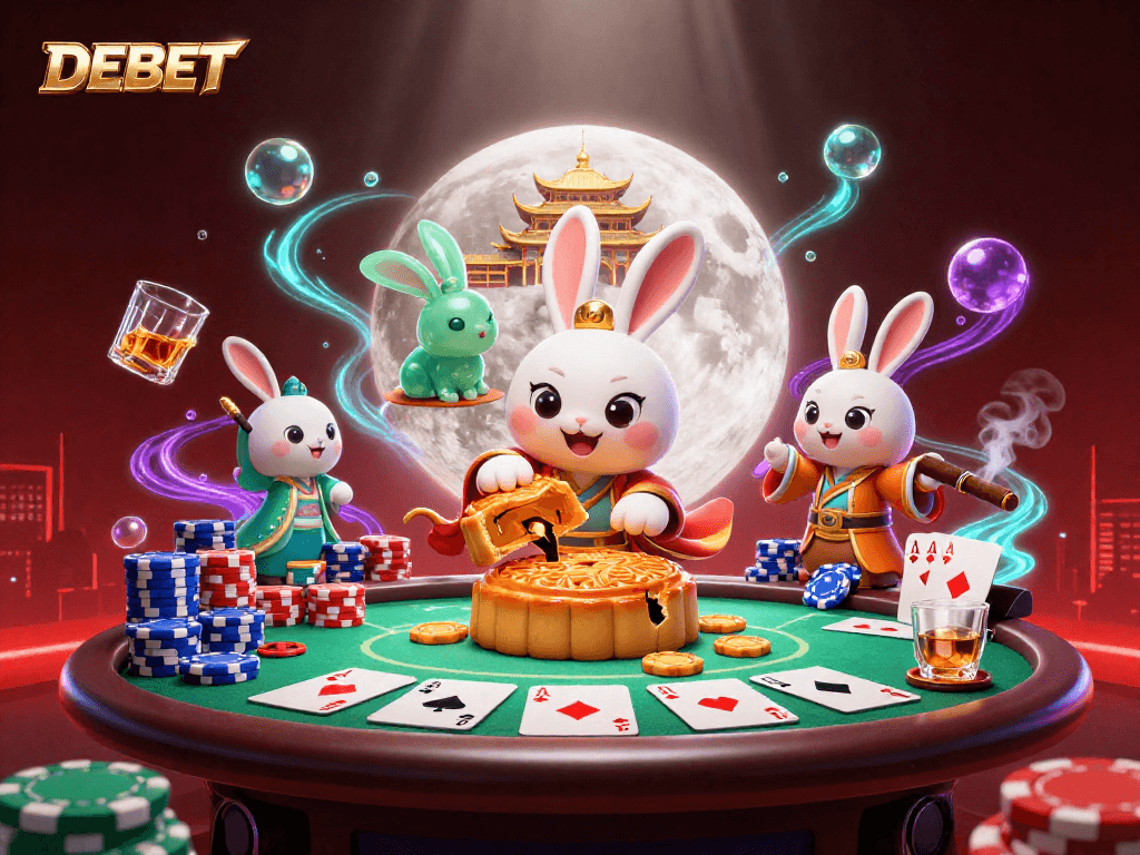 DEBET showcases an exciting gambling scene with poker chips and characters celebrating in a whimsical setting.