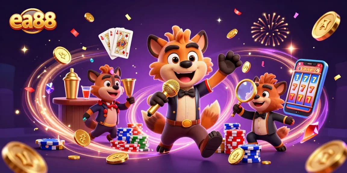 ea88 features animated hyenas in a vibrant casino scene, celebrating wins with gold coins and roulette.