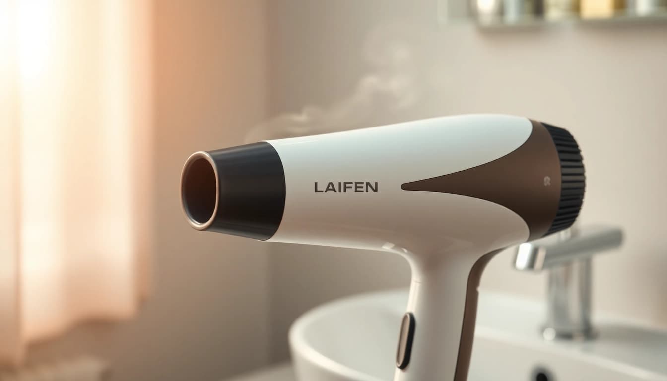 Highlighting Laifen website's premium electric hair dryer against a blurred bathroom setting.