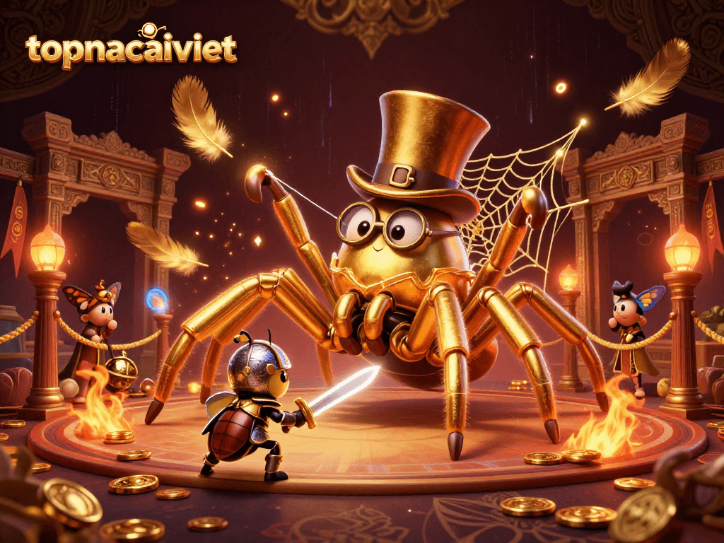 Engage with topnhacaiviet as a golden tarantula weaves a web of luck and fortune in this casino scene.