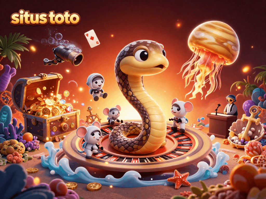 Experience excitement with situs toto in a cosmic roulette scene featuring a Saturn snake and astronaut mice.