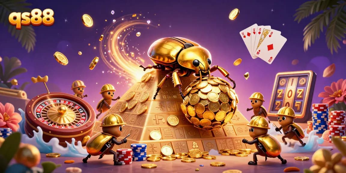 Experience thrilling gameplay at qs88 with golden coins and dynamic casino elements in an exciting illustration.