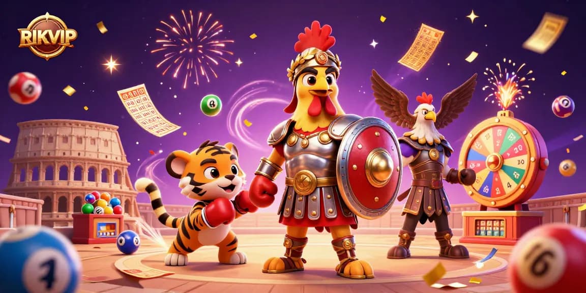 Experience RIKVIPs thrilling gaming atmosphere with 3D characters in a colosseum setting.