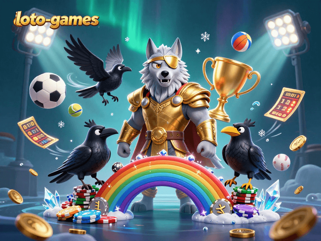Loto-games sports betting scene featuring Odin wolf and raven characters amidst vibrant casino elements.