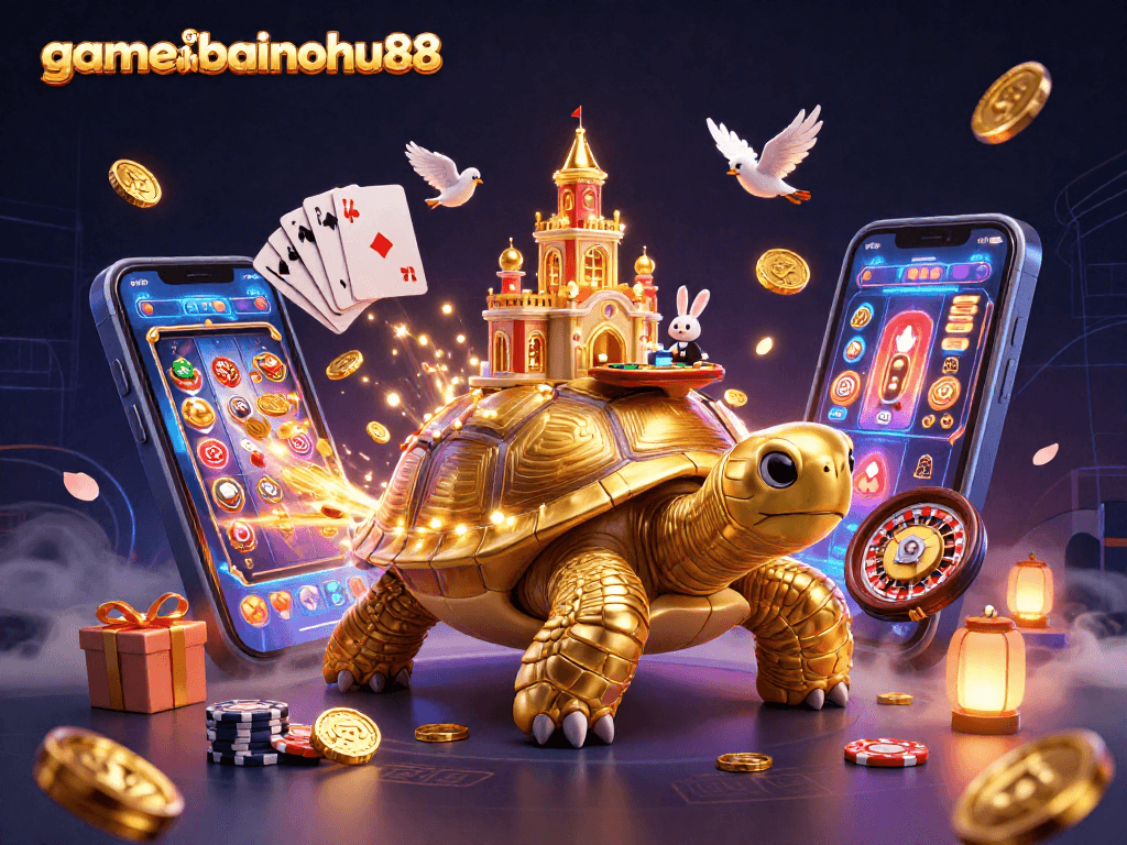 Win big at gamebainohu88 with unique casino-themed 3D illustration showcasing vibrant gaming elements.