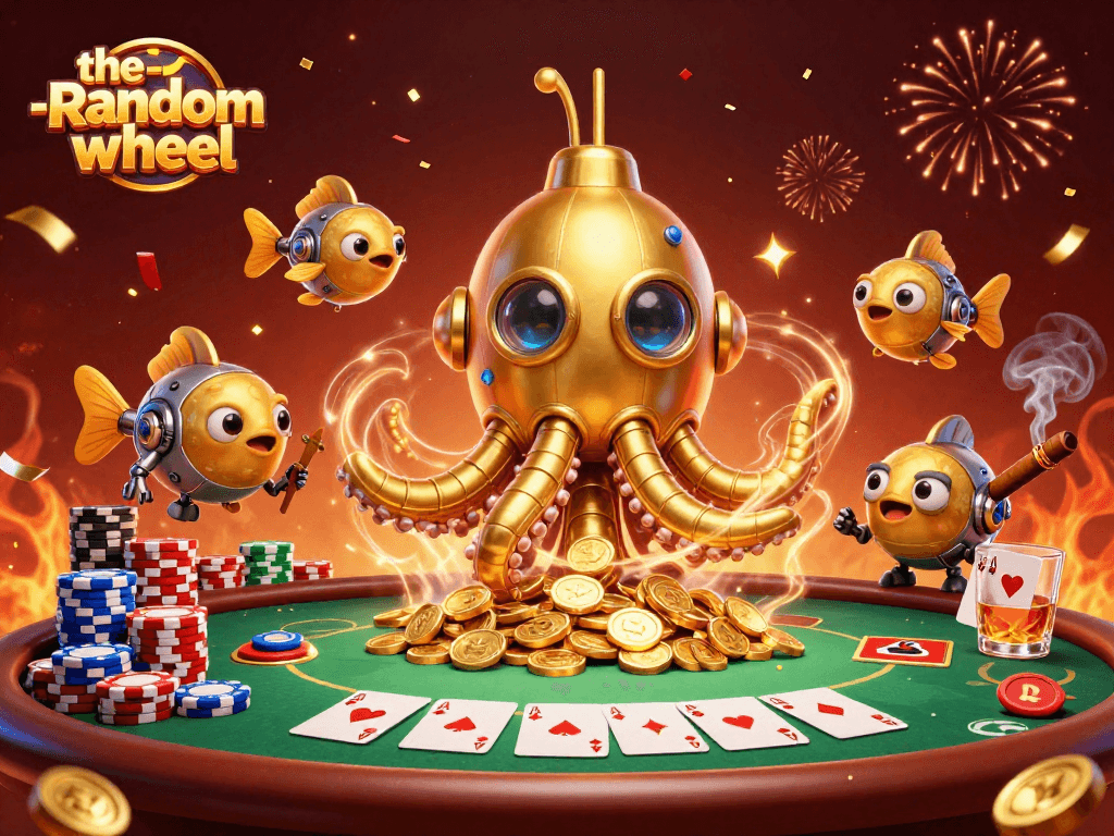 Experience the-random-wheel with a golden kraken submarine amidst poker chips and sparkling confetti.