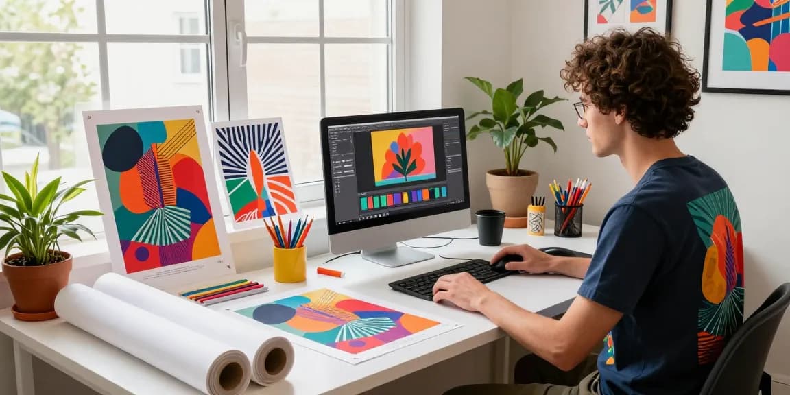 Custom poster printing workspace showcasing vibrant designs and materials.