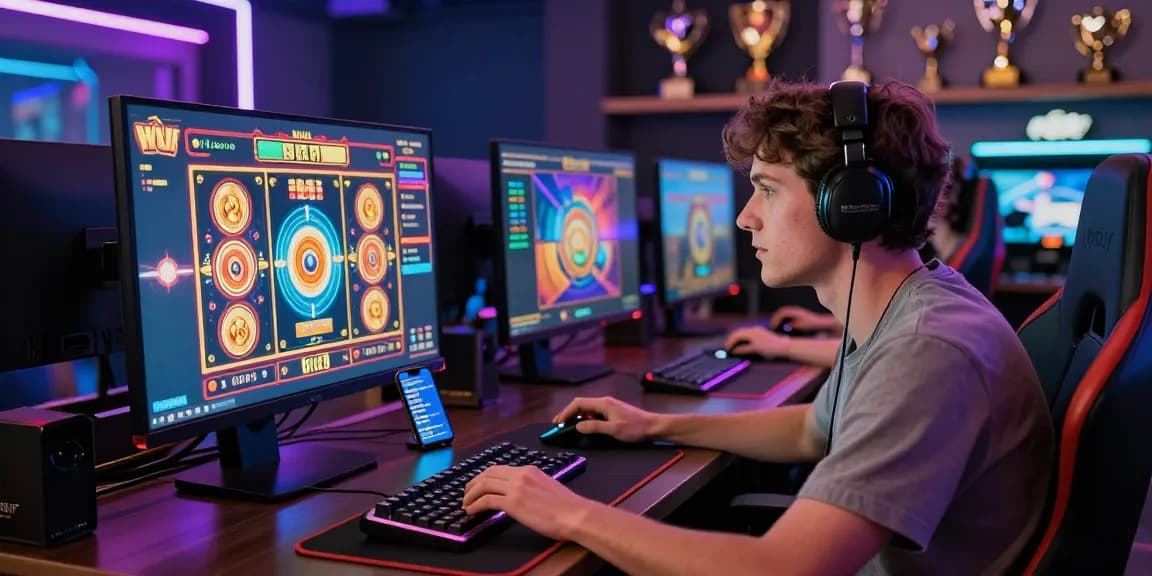 Engaged user playing on MPOCASH website, showcasing colorful online gaming interface and gaming setup.