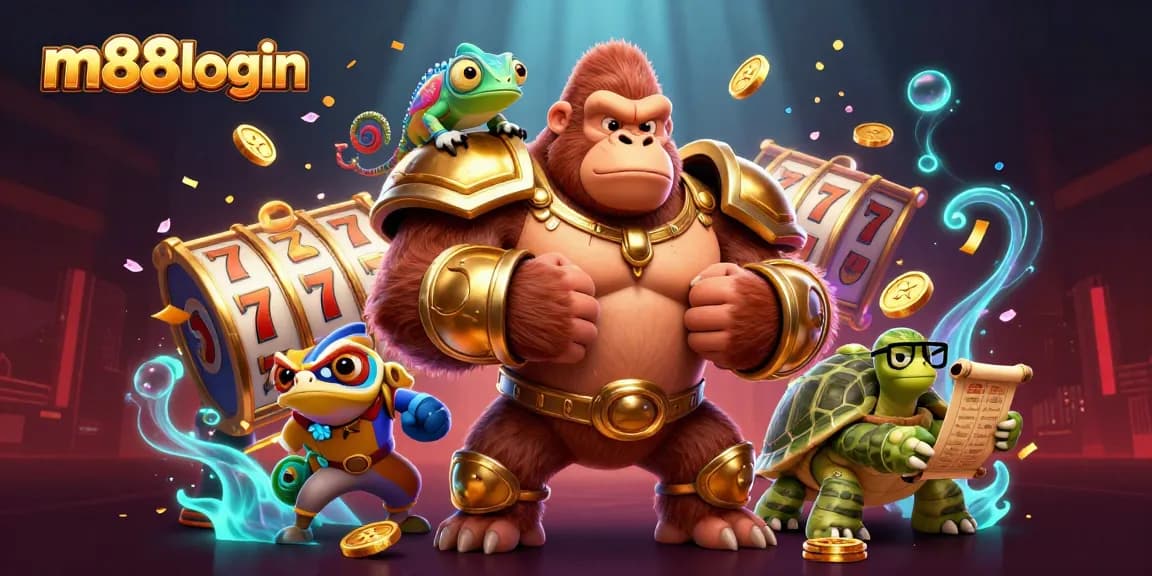 Engage with m88login in a vibrant 3D casino scene highlighting exciting slot reels and dynamic characters.