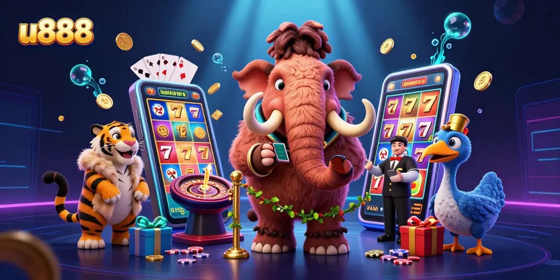 u888 casino scene with a mammoth bouncer, saber-tooth guest, and colorful slot game elements