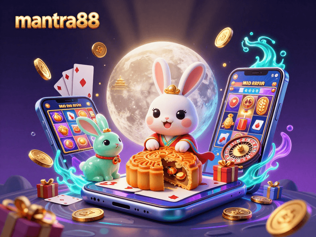 Experience mantra88's vibrant 3D illustration featuring a moon rabbit and interactive casino elements.