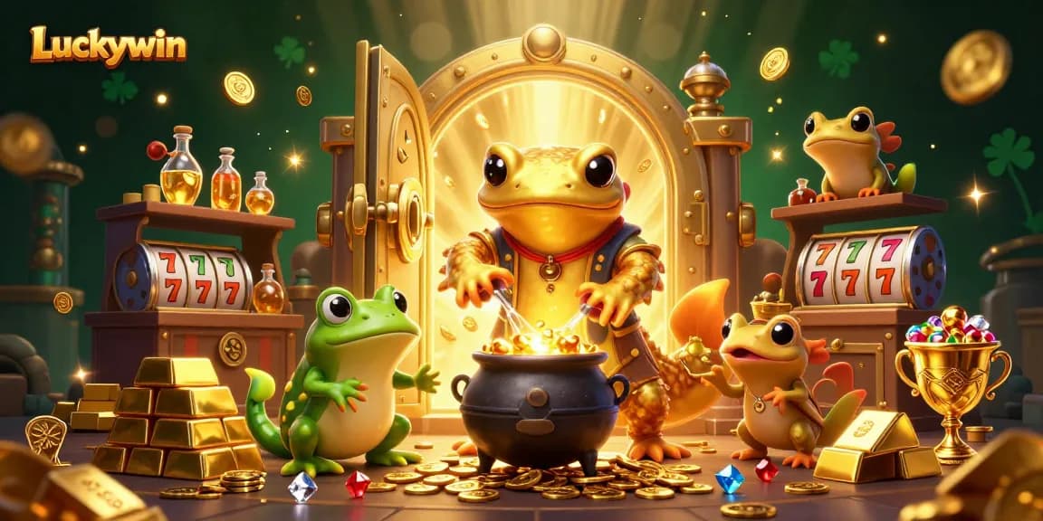 Experience the magical gold transformation at Luckywin, with enchanting characters and vibrant casino elements.