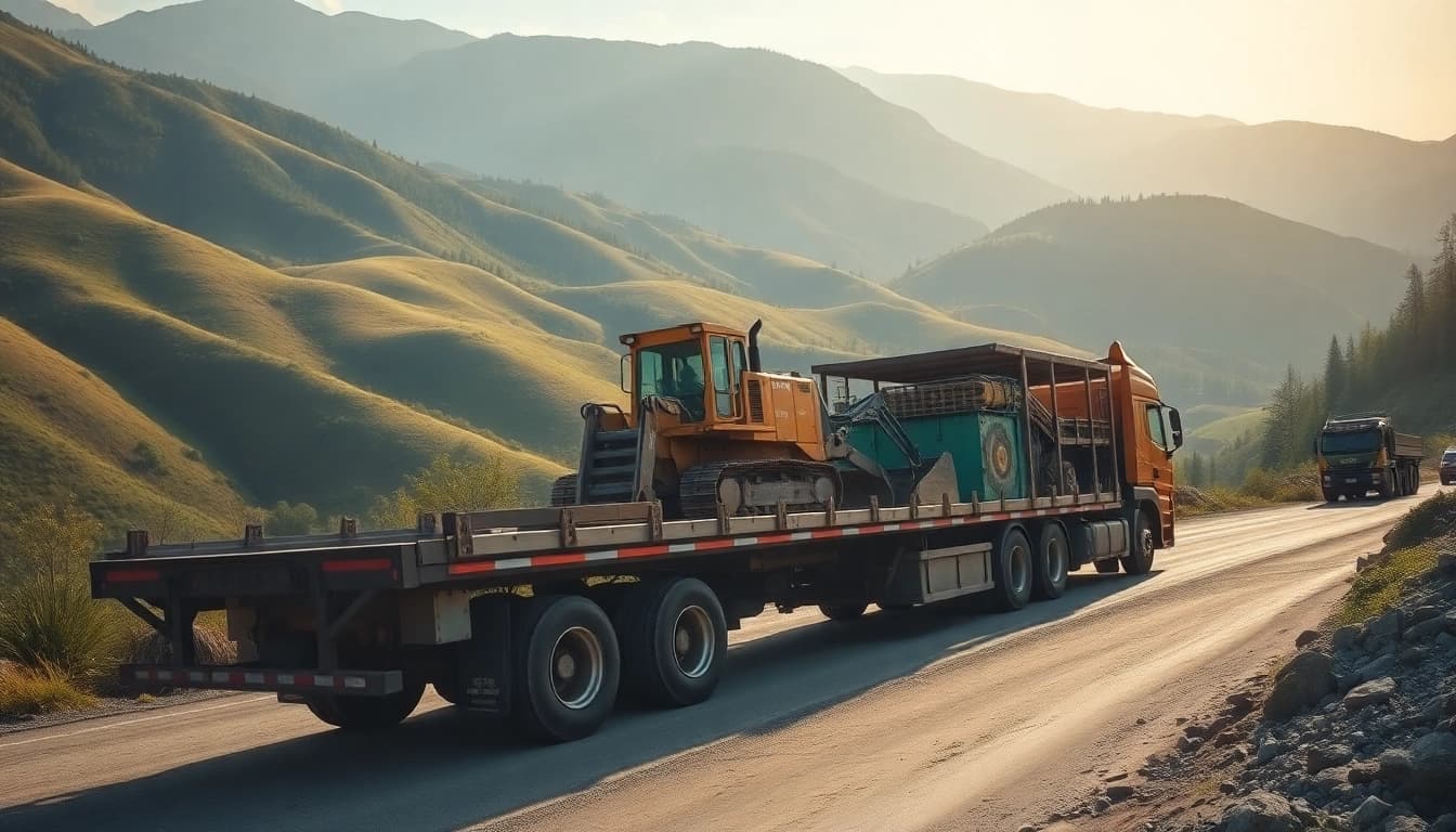 Transporting heavy machinery on a flatbed truck, showcasing efficient equipment transport.