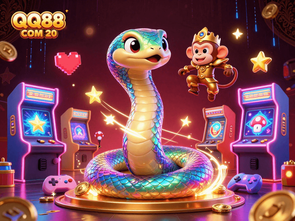 Engage with QQ88 COM 20's vibrant online gaming realm through the playful monkey king and radiant rainbow serpent.