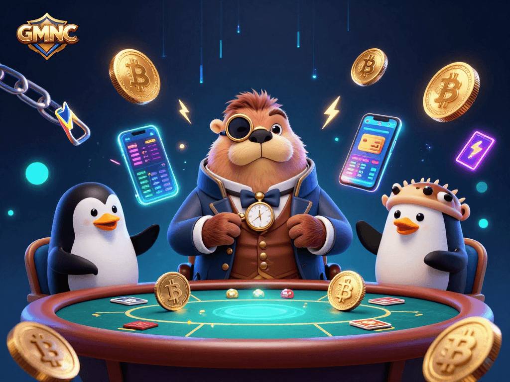 Engage with GMNC at an underwater poker game featuring a jovial walrus and poker elements.