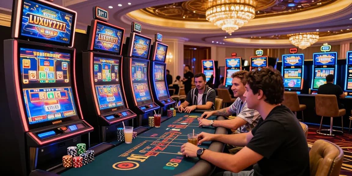 Pengalaman bermain LUXURY777 di kasino mewah dengan mesin slot dan suasana meriah.