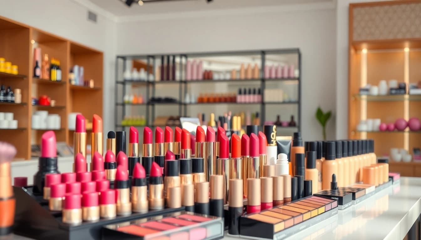 Engaging scene of wholesale makeup suppliers showcasing an array of vibrant products and clean displays.