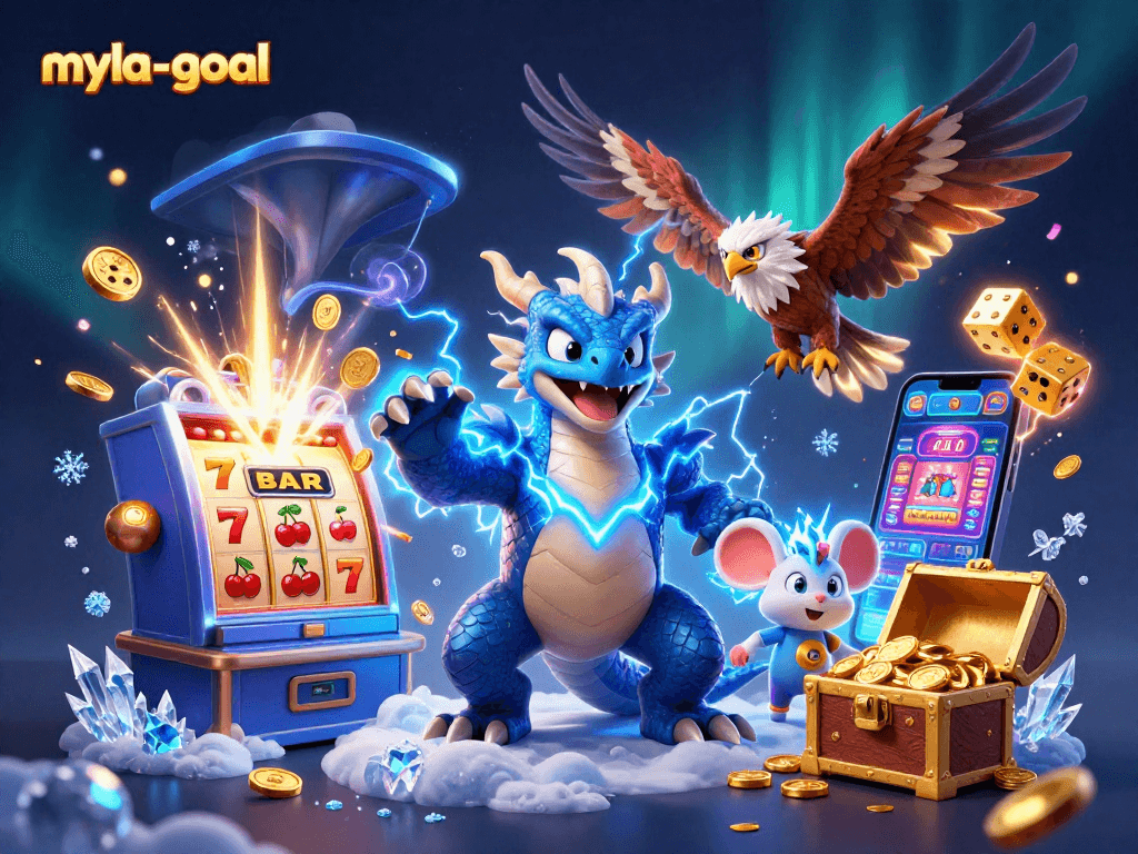 Experience the thrill of myla-goal with dynamic characters, slot machines, and vibrant gold coins!