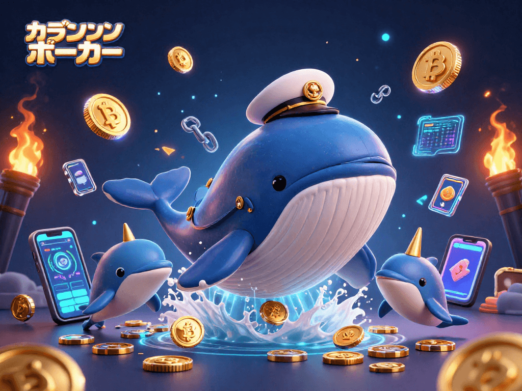 オンラインカジノ ポーカーを体験するカラフルなイルカとクジラの3Dアートイラスト