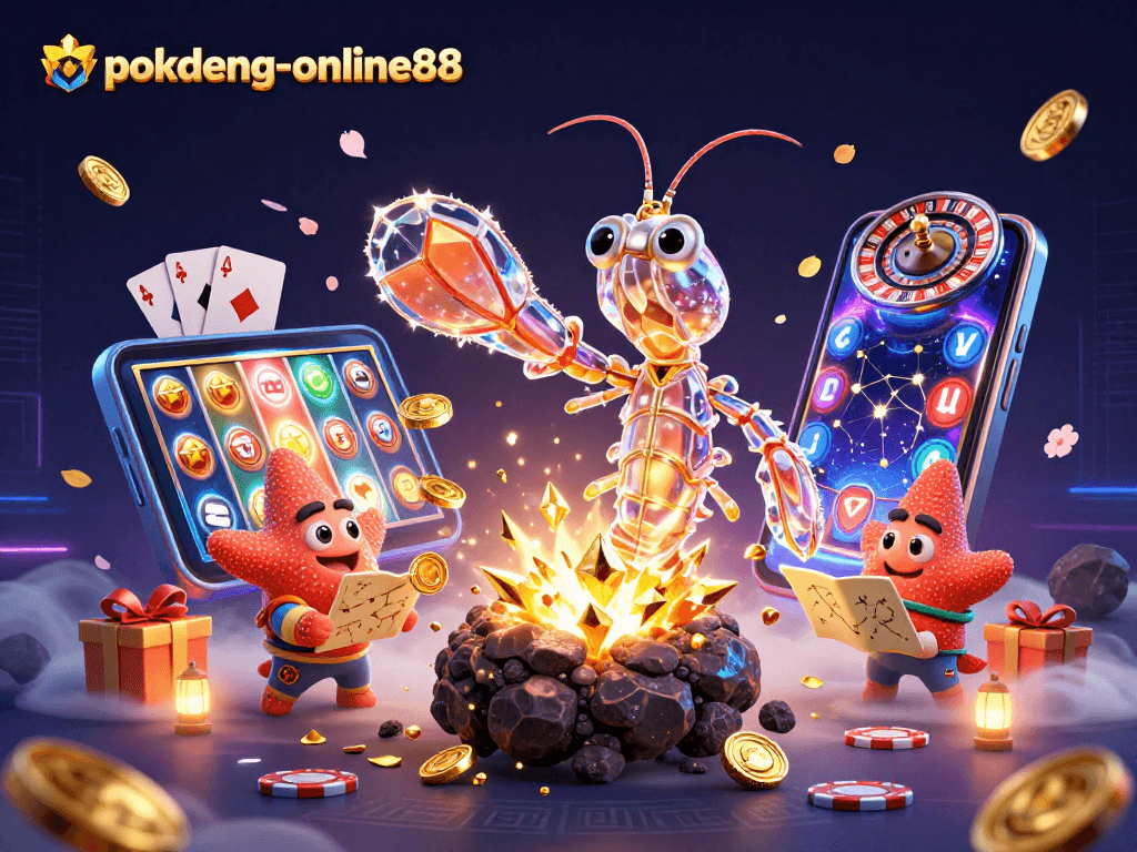 Experience the thrill of gaming with pokdeng-online88, featuring a galactic shrimp and starfish in an explosive casino adventure.