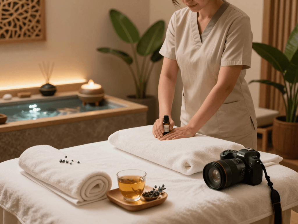 Balanced Massage therapy room with mantra88 essential oils, soothing decor, and calming atmosphere.