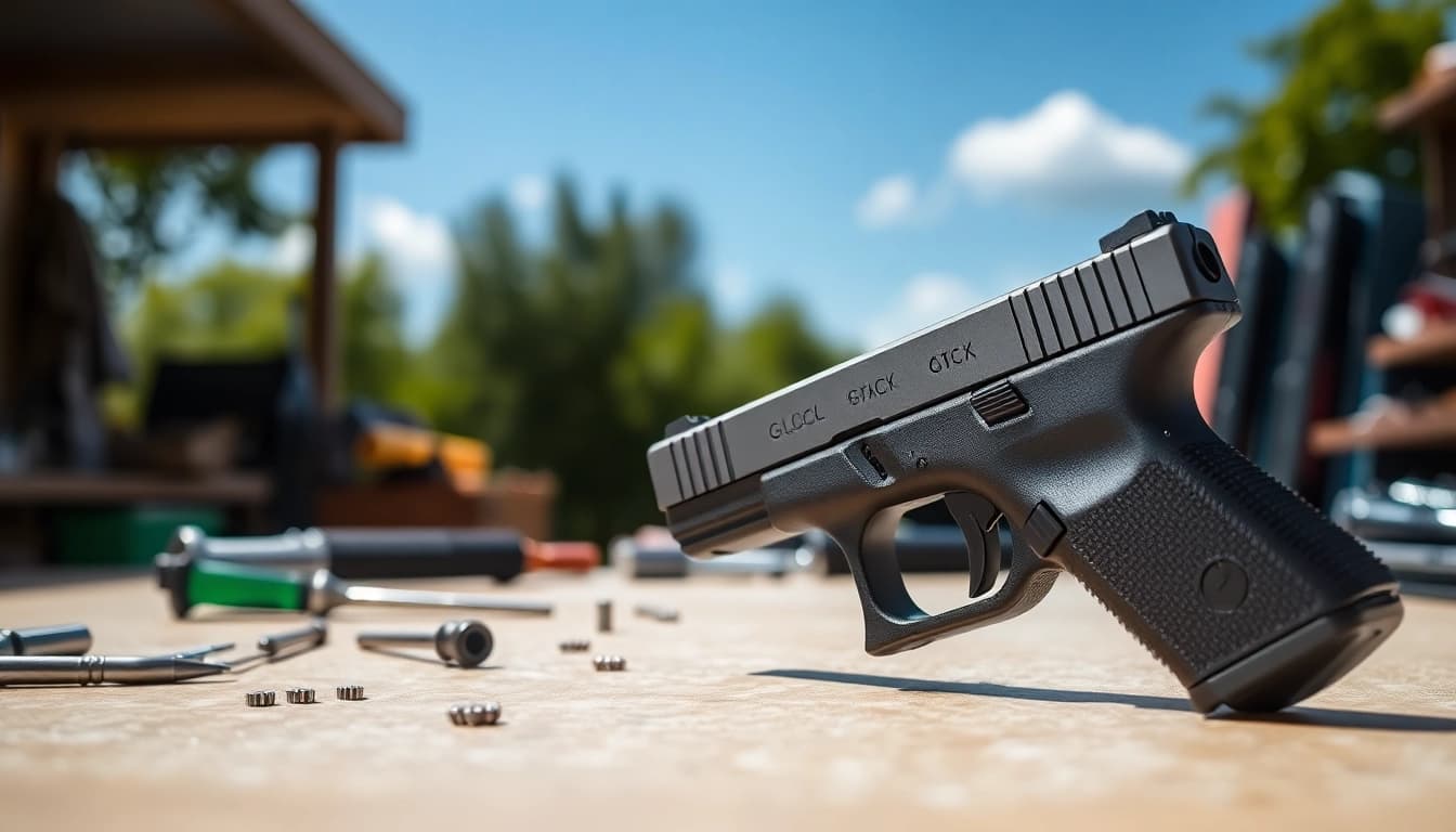Showcasing a glock 43x slide on a workbench, highlighting its smooth finish and intricate design details.