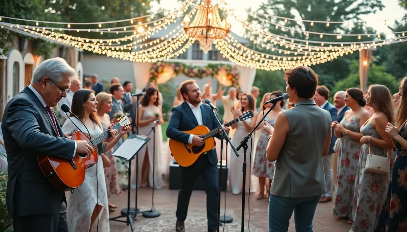 Formație nunta energizând invitații pe ringul de dans, într-un decor elegant.