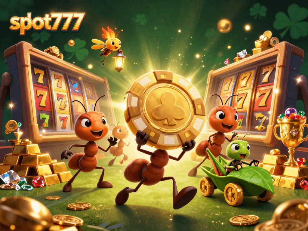Experience slot777 excitement as ants race through a jackpot-filled tunnel with golden chips.