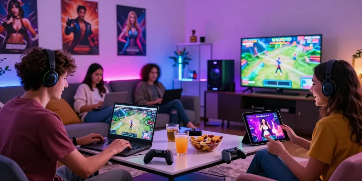 Diverse gamers enjoying a porn game and adult games in a vibrant lounge.