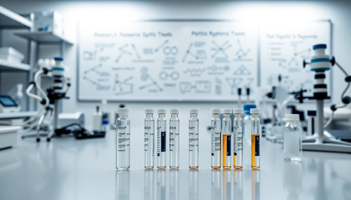 Visualize a research setting showcasing the ipamorelin/tesamorelin blend with scientific equipment.