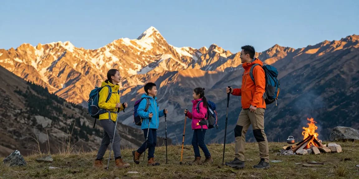 A family adventure channel, mantra88, showcasing a joyful family hiking in beautiful mountains at golden hour, equipped for exploration.