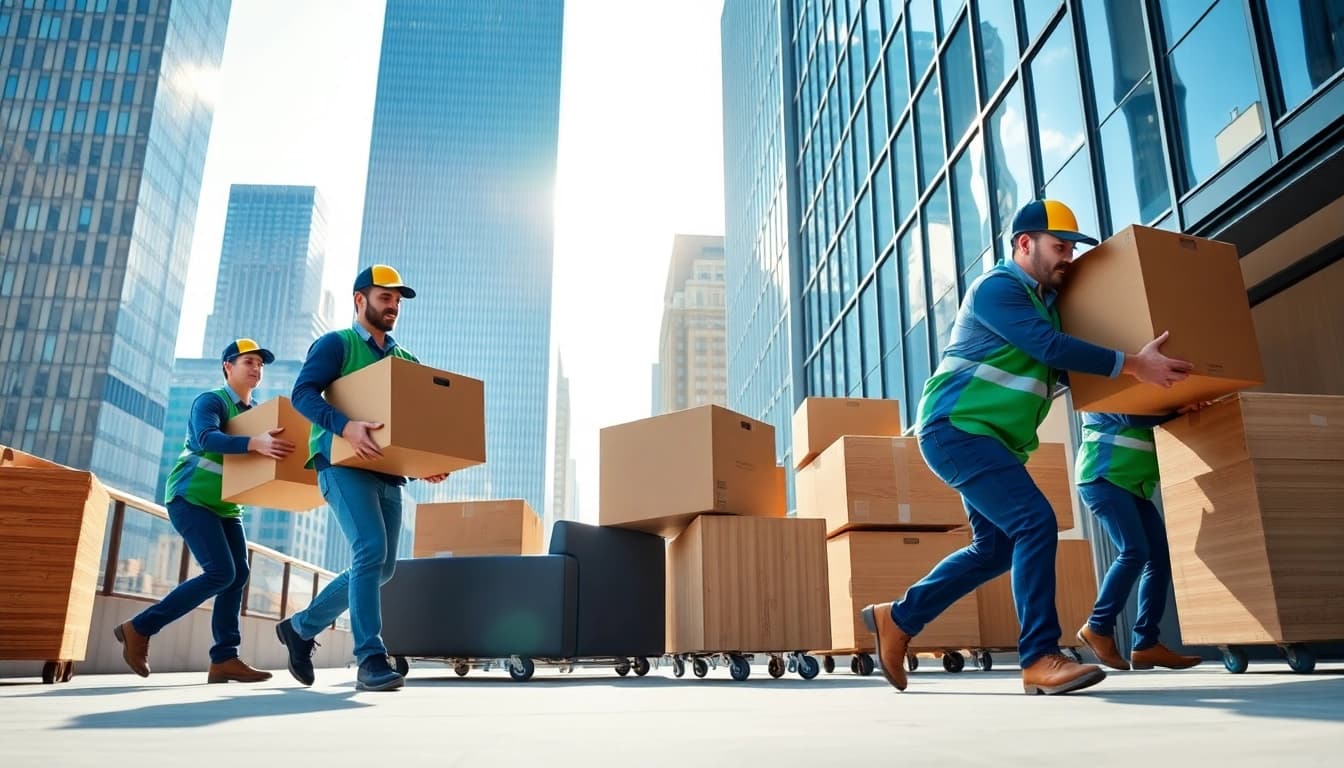 Illustration of Commercial Moving Services NYC with professional movers actively relocating office items in a vibrant cityscape.